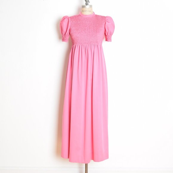 vintage 70s dress pink smocked puff sleeve babydoll kinderwhore lolita maxi S - Picture 1 of 6